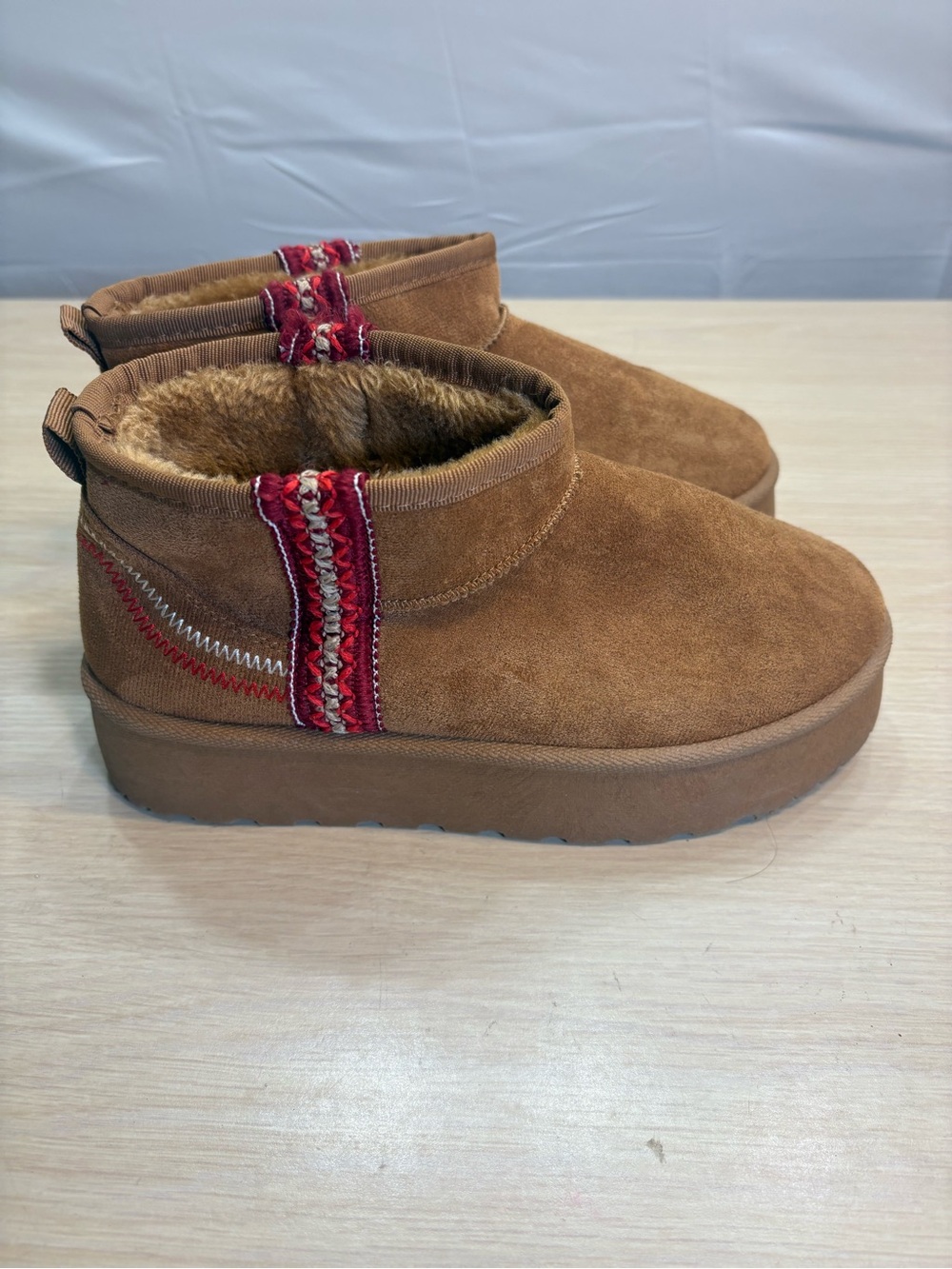 Kids Cozy Ankle Boots in Chestnut with Red Trim